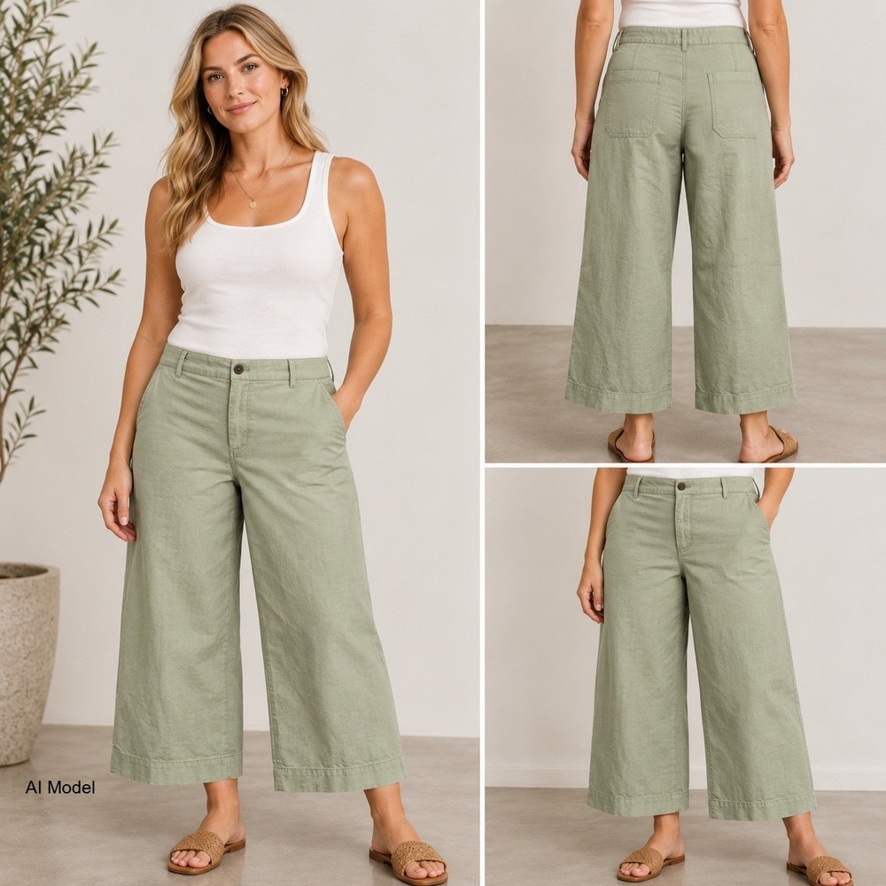 J.Crew Re-Imagined Wide Leg Crop Pants size 34 Green Linen Blend Coastal